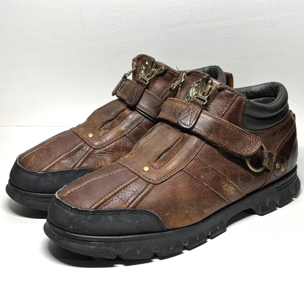 Polo Ralph‎ Lauren Conquest III Boots Mens 13 Brown Leather Good Dual Zip Strap